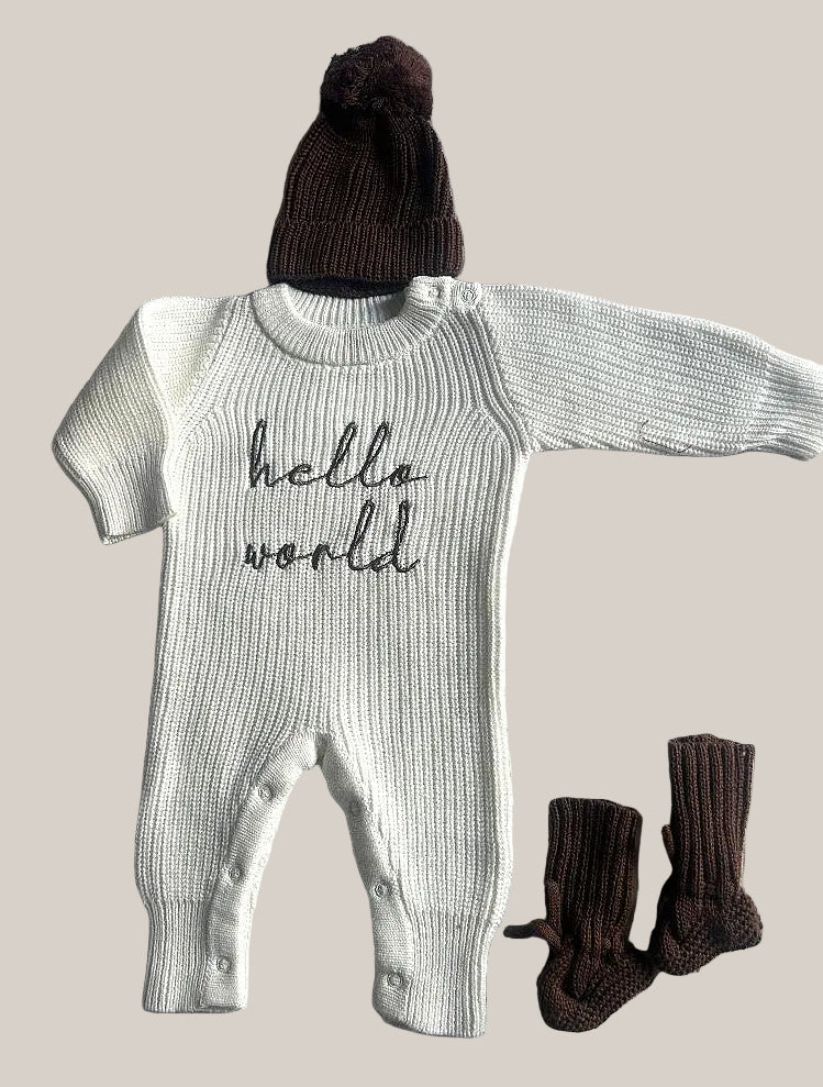 Hello world marron chocolat – Tricot en coton naturel