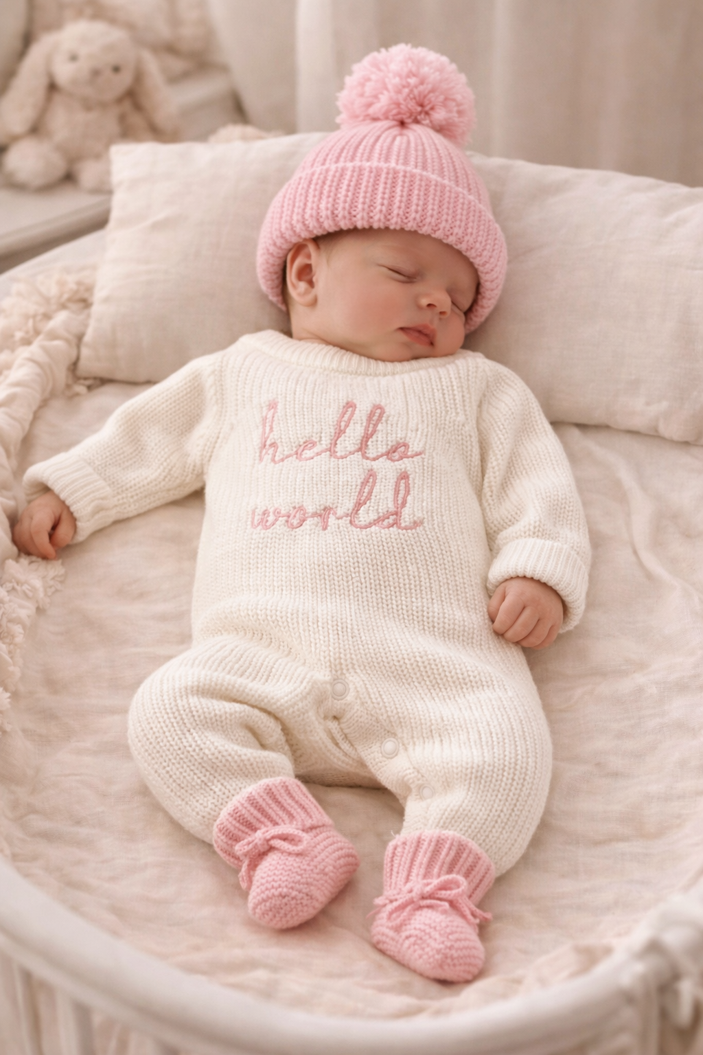 Hello World rose– Tenues de naissance en tricot naturel