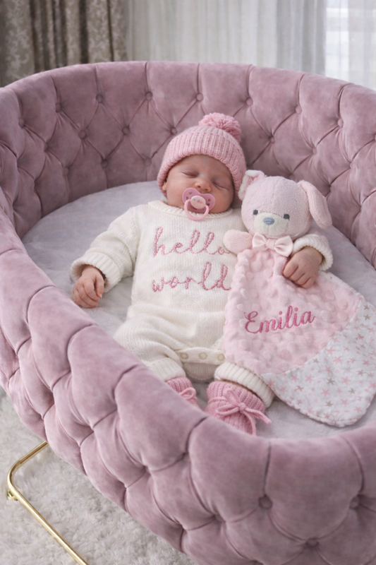 Hello World rose– Tenues de naissance en tricot naturel