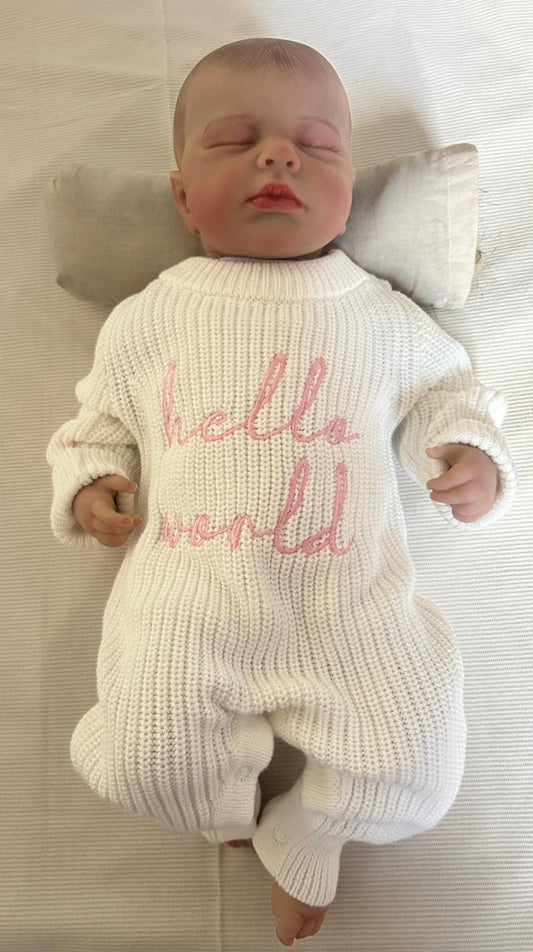 Hello World rose– Tenues de naissance en tricot naturel